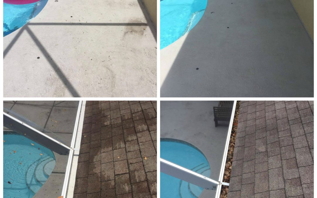 Gutters cleaned, Softwash cleaning of pool cage and pool deck